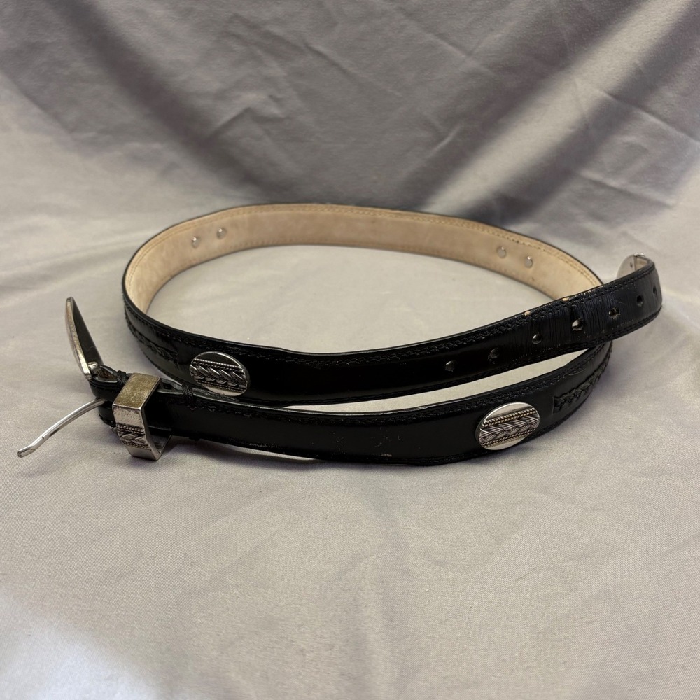 Vintage Western Black Genuine Leather Belt Braided Concho Silver Buckle Set 36